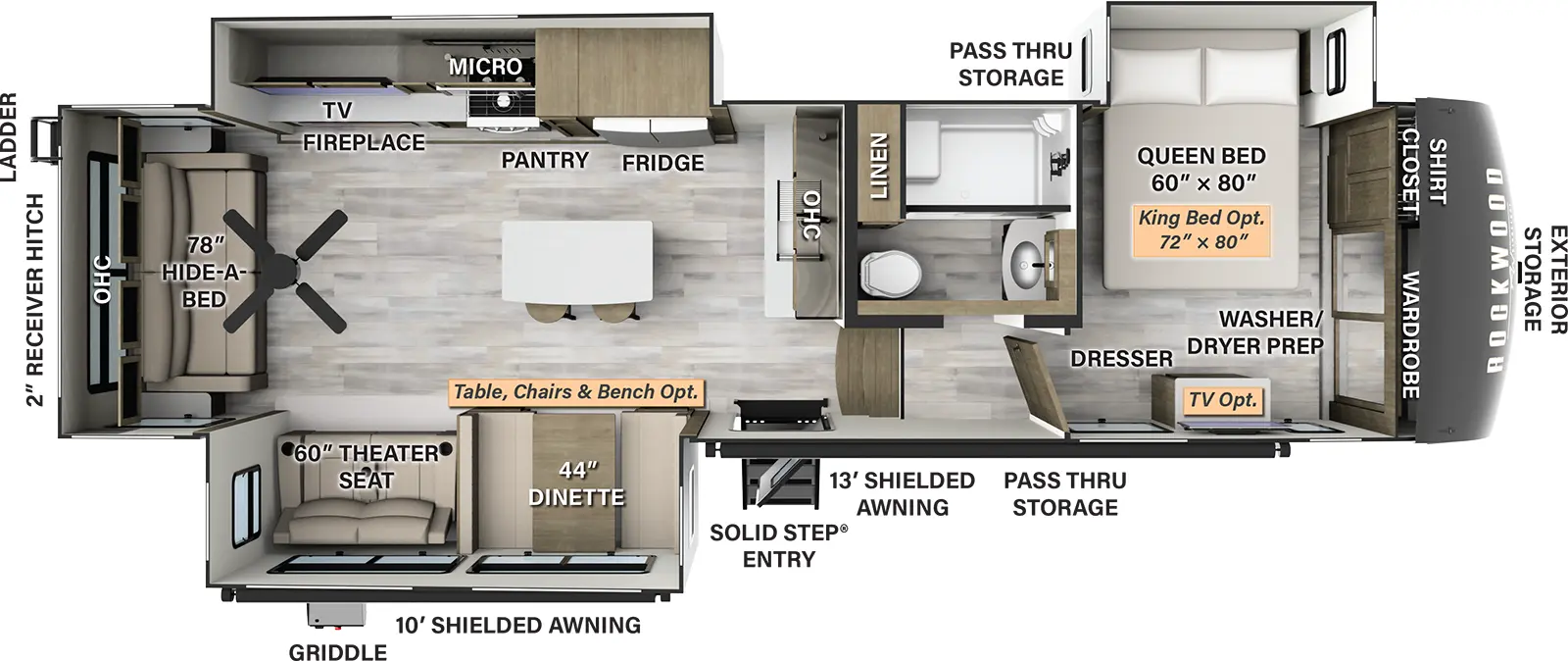 The 361RL has three slide outs and one entry door. Exterior features include a 13 foot shielded awning and 10 foot shielded awning, solid step entry, exterior storage, griddle, rear ladder, 2 inch receiver hitch, and pass thru storage. Interior layout front to back: front bedroom with an off-door side queen bed slide out, front wardrobe, shirt closet, washer/dryer prep, and dresser (optional TV and king bed available); side aisle full bathroom with linen closet; steps down to kitchen living area; kitchen counter with sink and overhead cabinet along inner wall; off-door side slide out with refrigerator, pantry, microwave, cooktop, overhead storage, TV and fireplace; door side slideout with dinette (table, chairs & bench optional) and theater seating; kitchen island with stools; rear hide-a-bed sofa, overhead cabinet and paddle fan. 